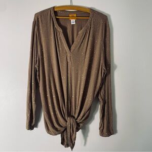 Ruby Rd. Brown with Gold Detail long Sleeve Tie Waist Tunic Top Size XL